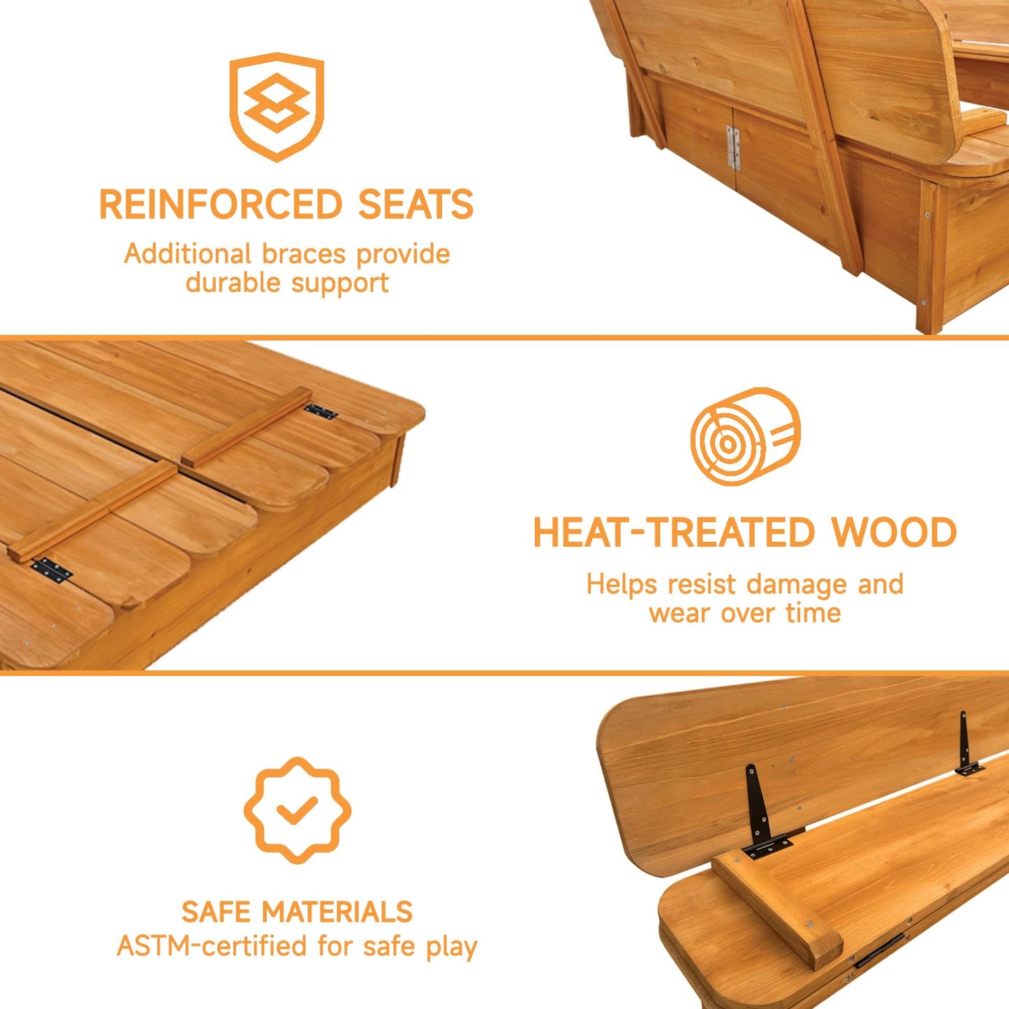 RUNSHED Large Wooden Kids Sandbox with Lid - Outdoor Sand Box for Kids with Cover Sand Protection, Foldable Bench Seats and Bott