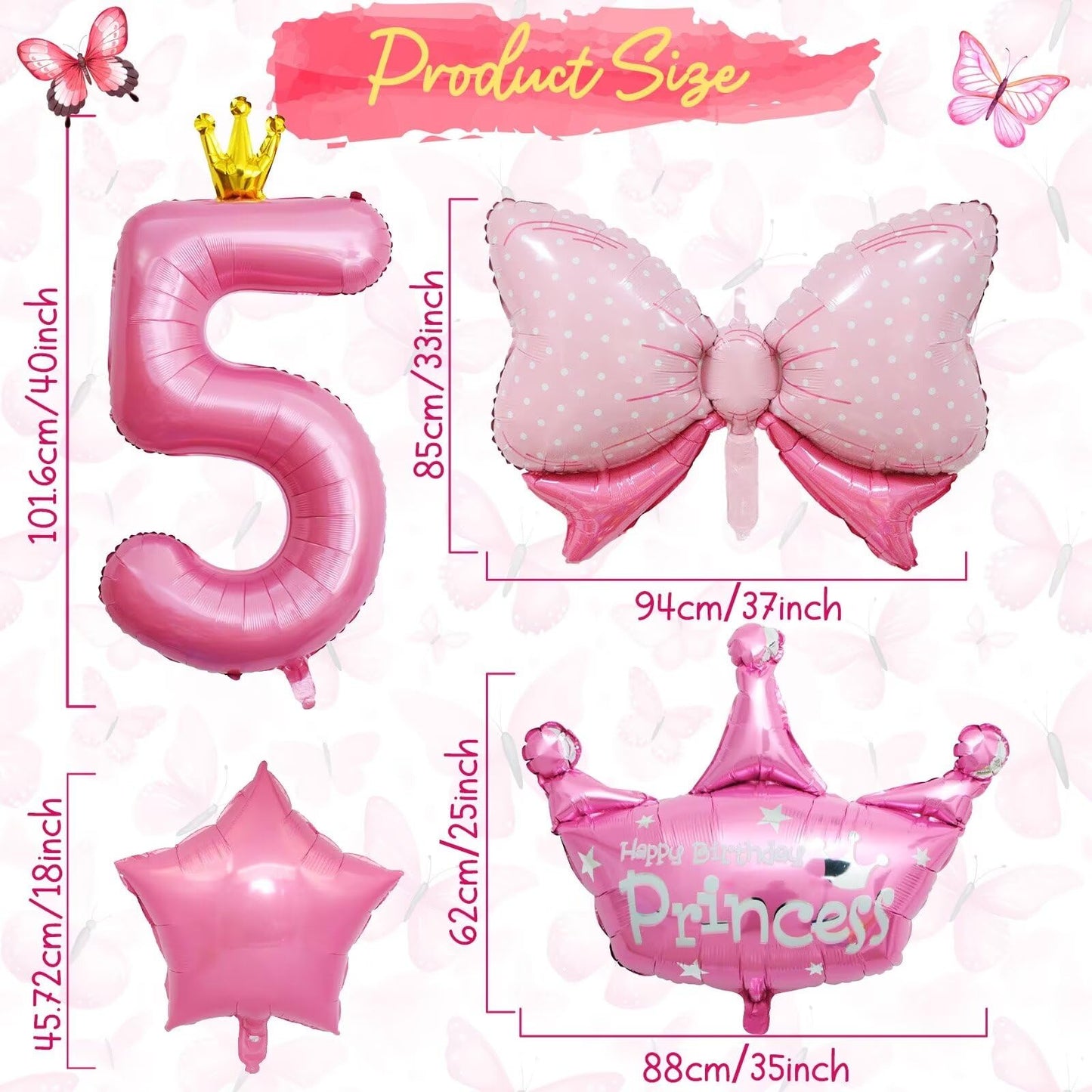5Th Birthday Decorations For Girls, Pink 5Th Birthday Balloon Set With 40 Inch Pink Number 5, Large Helium Foil Mylar Crown Balloon, Pink Bow Foil Balloons For Baby Girl Daughter First Birthday Party