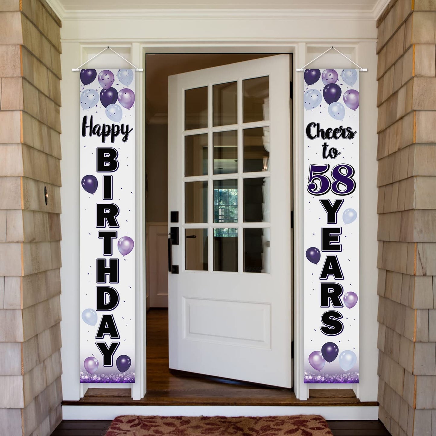 LASKYER Happy 58th Birthday Decorations,58th Purple Balloon Birthday Theme Door Hanging Banner Sign,58 Years Old Bday Party Supp