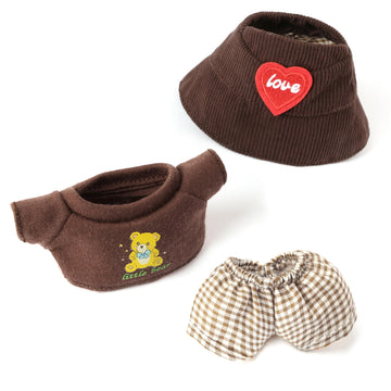 3-Piece Doll Clothes for 17cm Doll - Stylish Fisherman Hat Set Kawaii Doll Outfits with Accessories for Collectors or Display - Coffee Bear (No Doll)