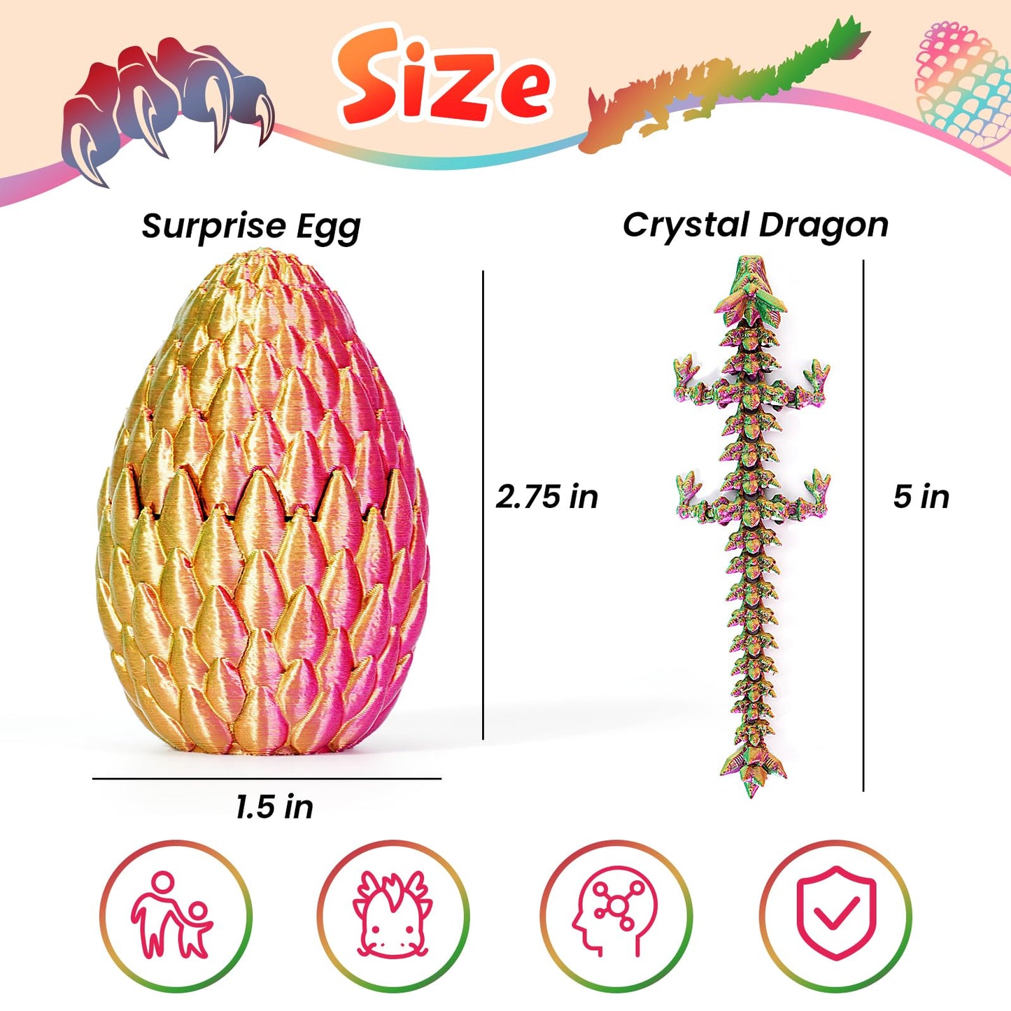 Shuwnd 4Pc 3D Printed Dragon In Egg,Dragon Eggs With Dragon Inside,Mini Articulated Crystal Dragon Fidget Toys,Mystery Dragon Egg Fidget Toy,3D Printed Animals Toy Set (4Pc-C)