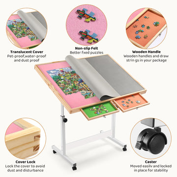 Vasitelan Adjustable Wooden Jigsaw Puzzle Table with Wheels, Puzzle Tables Fits 1500 Piece Puzzles,Wooden Puzzle Board for Adult