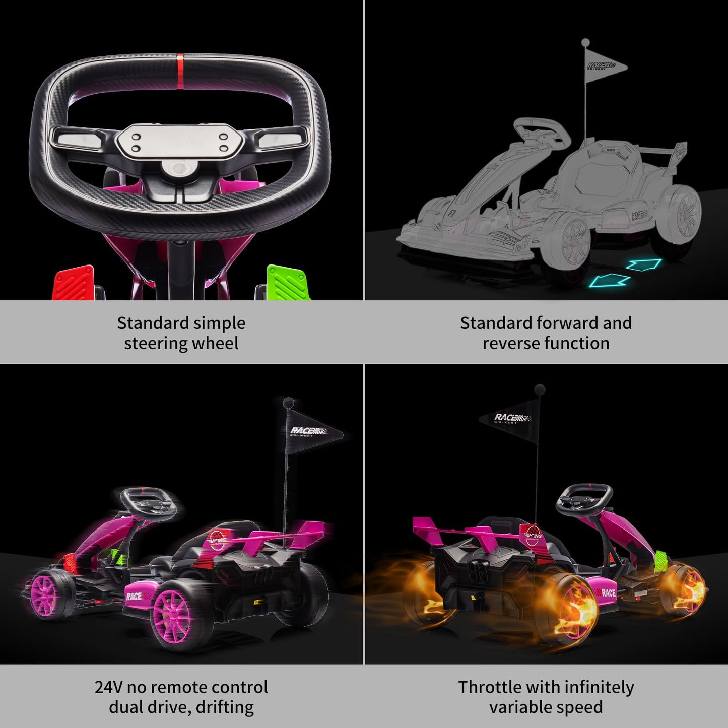 Go Kart Electric Drift Kart Car with Adjustable Seat, 24V Outdoor Ride On Toy with Variable Speed Mode, Crazy Cart for Kids 6+ Y