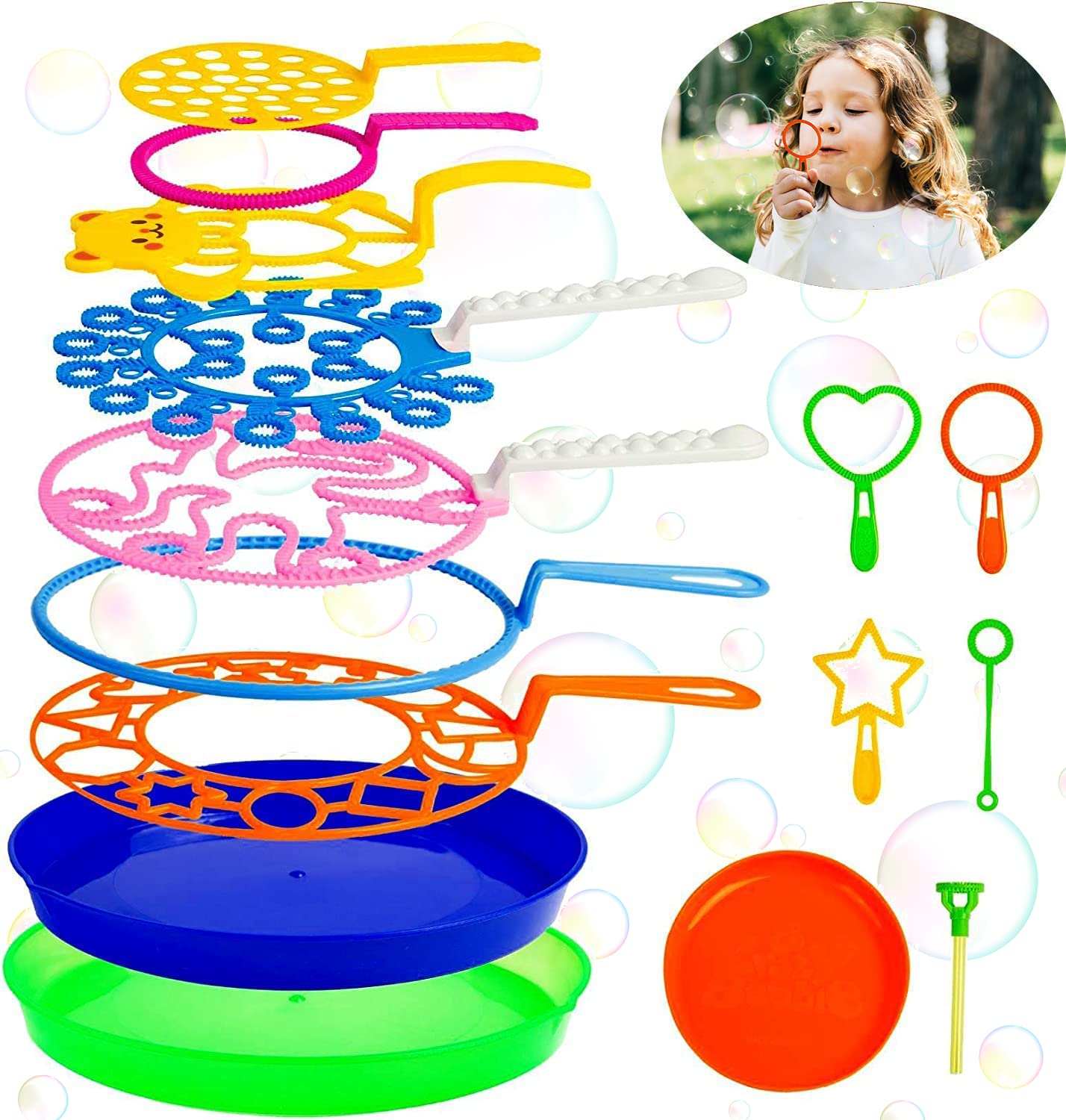 Roberly Bubble Wands Set, 15 Pack Big Bubble Wand Toy Set With Tray Bulk Funny Bubble Making Toys For Kids - Summer Outdoor Bubb