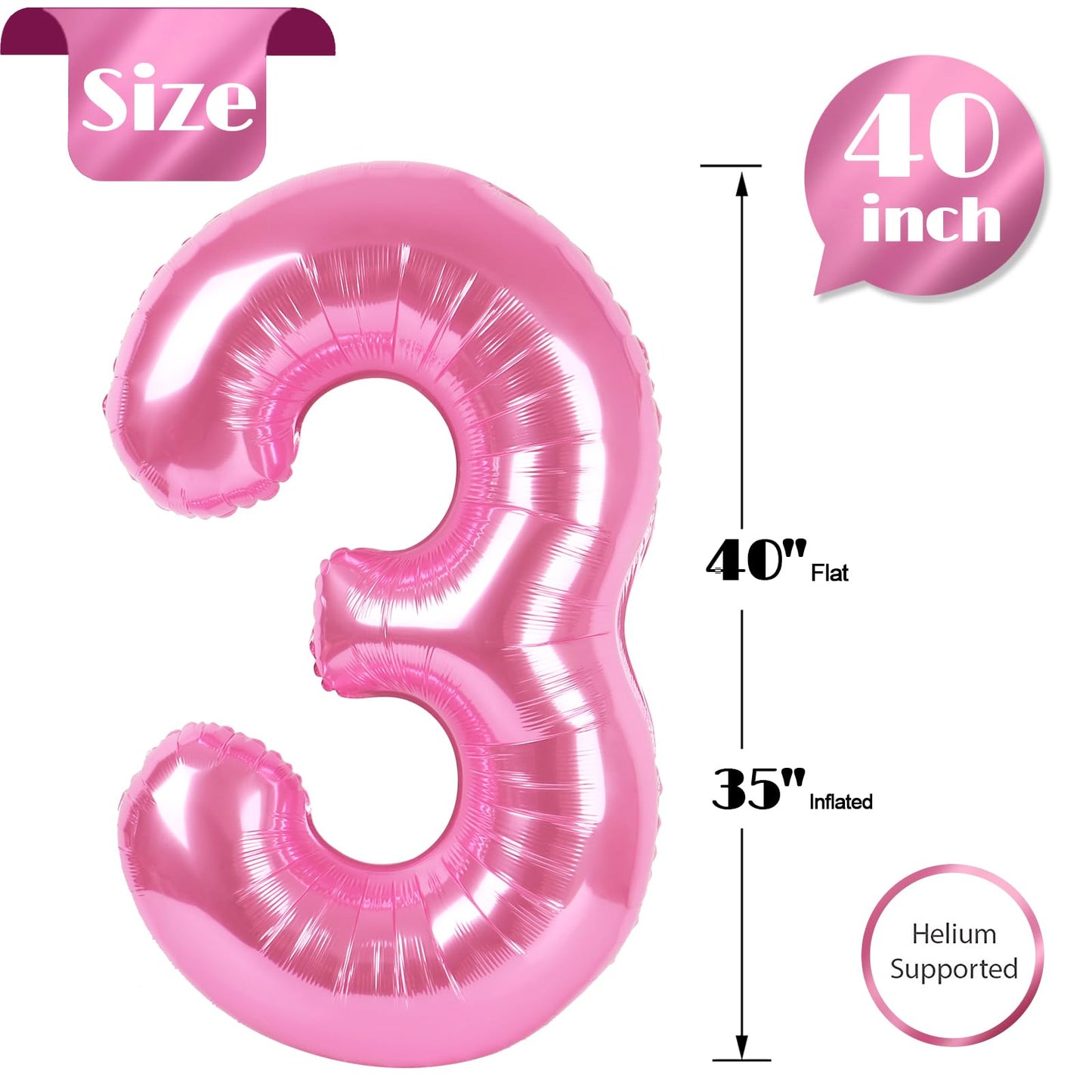 Pink Number 3 Balloon 40 Inch, 3 Balloon Number, 3Rd Birthday Decorations, Pink Party Supplies For Boys Girls