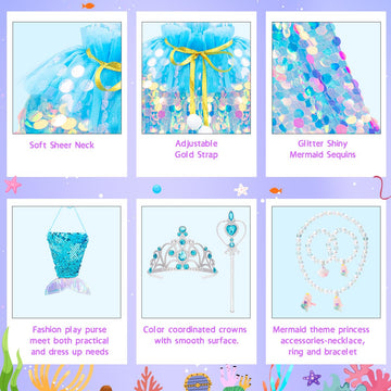 Meland Princess Dress Up For Girls - Mermaid Cape Dress Up Clothes With Bag Crown, Gift For Girls 3 4 5 6 7 8 Years Old