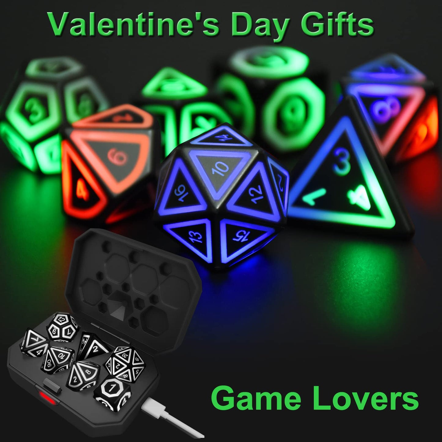 EXCECAR Rechargable DND Dice Set, Light Up Dice, 7 PCS Glowing Balanced LED Dice Electronic Dices, D&D Dice, Polyhedral Dice Set