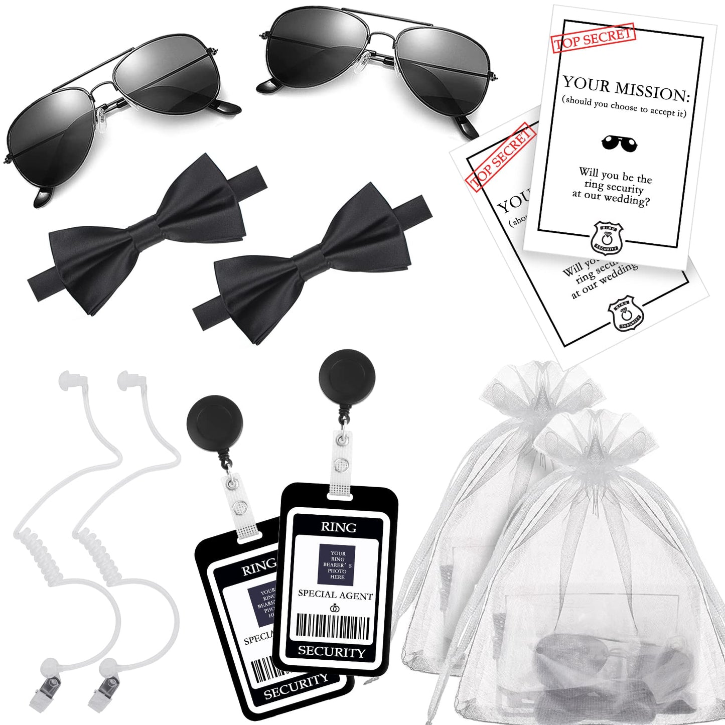 Ring Security Wedding Ring Bearer Gift - Ring Security Wedding Set Ring Security Badge , Bow Tie, Sun Glasses, Earpiece And Ring