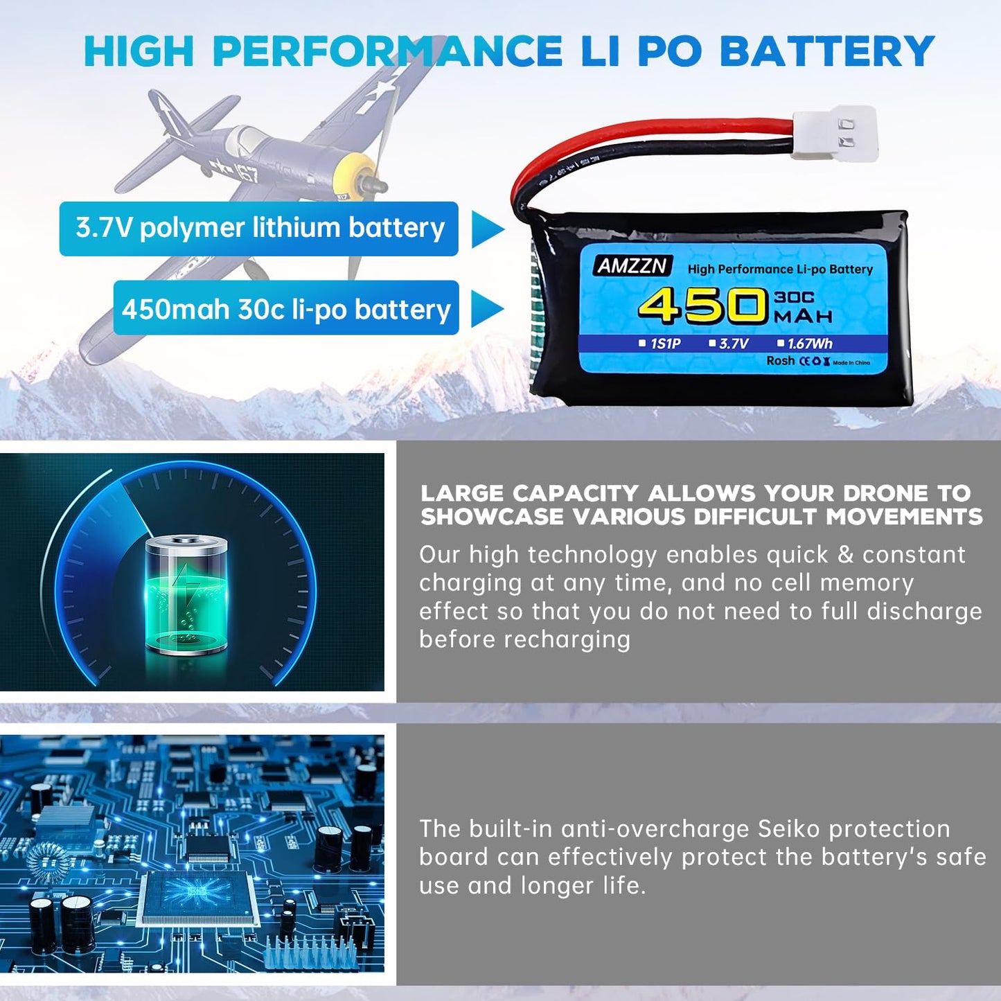 Amzzn 5Pcs 3.7V 450Mah 30C Lipo Battery With 5-In-1 Charger Molex Plug Compatible With Most Rc Drones, Four Axis Aircraft And Sy