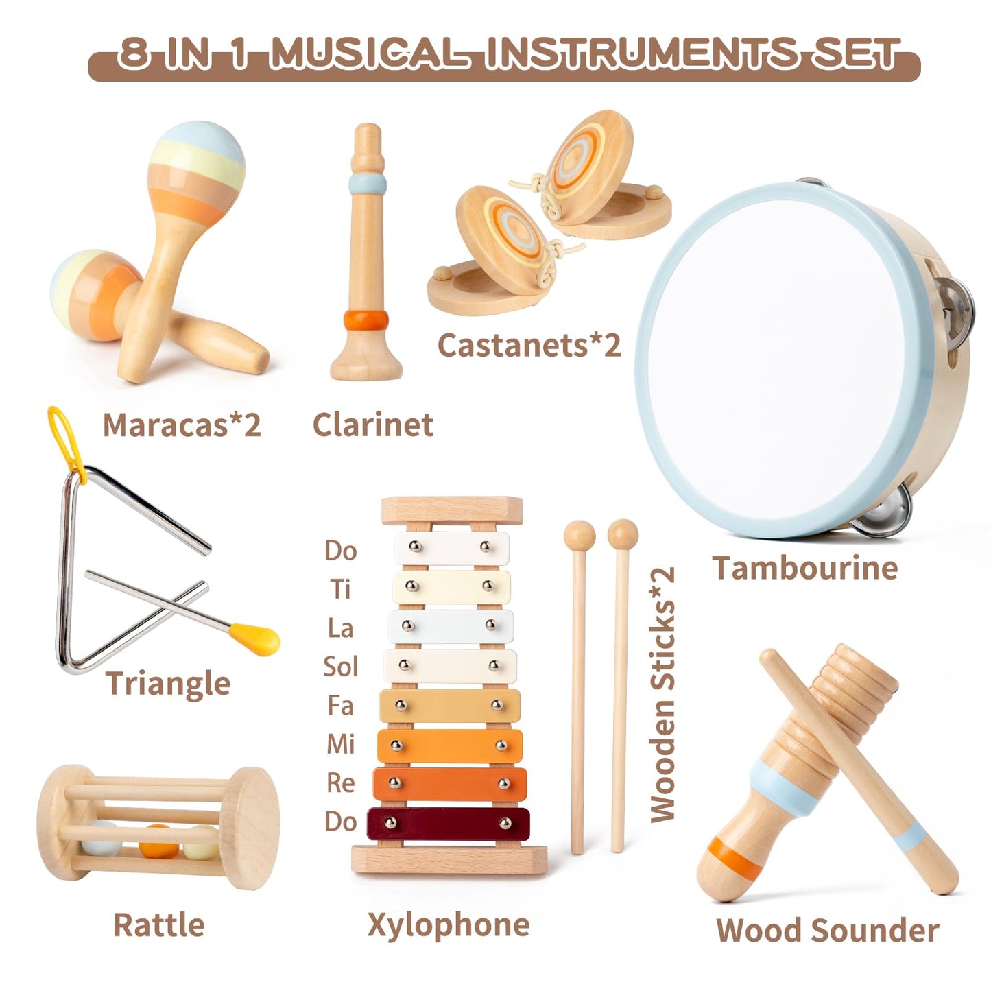 Baby Musical Instruments, Montessori Wooden Toys For Toddlers 1-3, Neutral Colors Percussion Instruments, Modern Boho Xylophone For Kids, Preschool Educational Baby Musical Toys