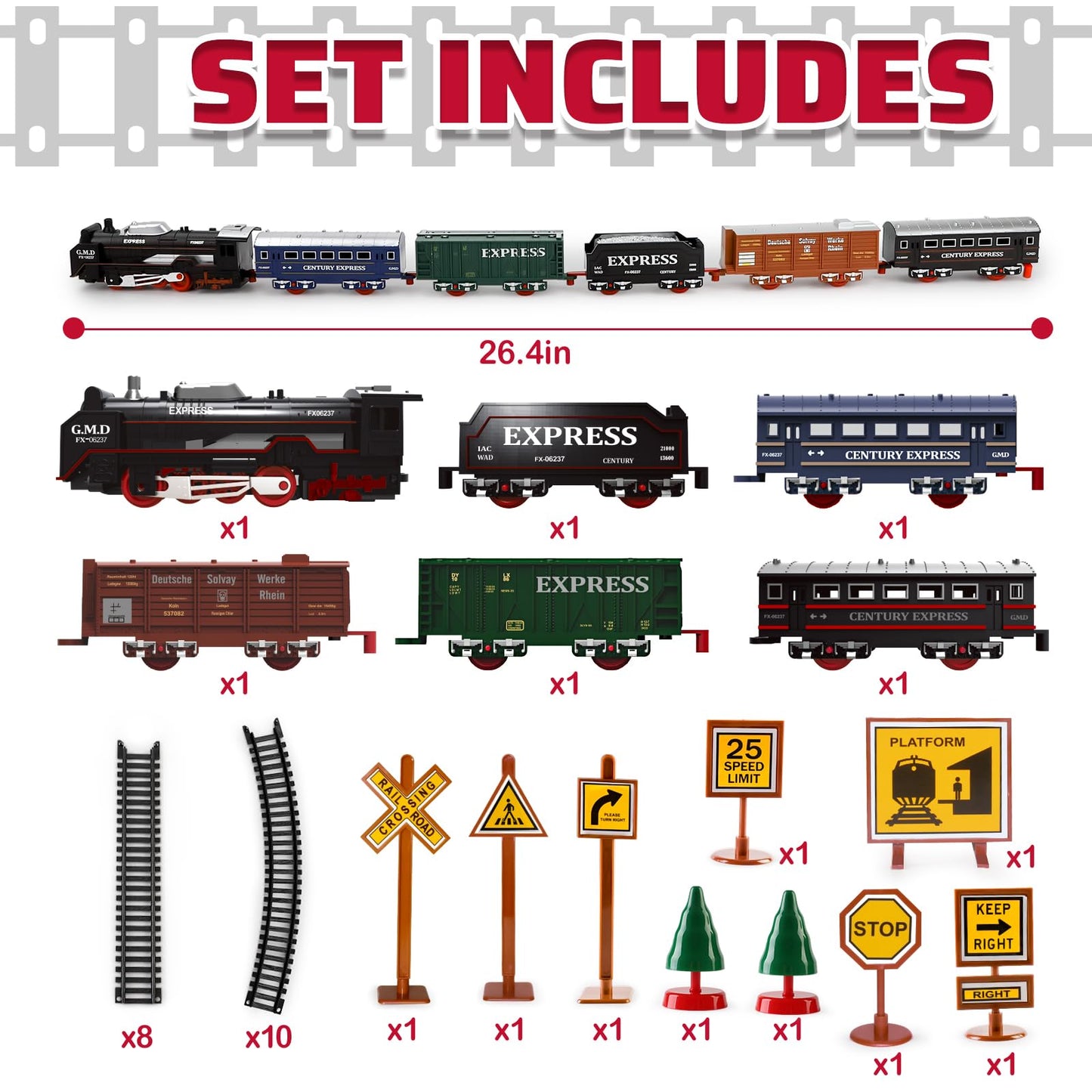 Deao Train Set With Light For Kids, Cargo Cars And Long Track For Boys & Girls Aged 3-12, Train Toys Railway Kits With Signposts & Trees, Electric Train Race Track Playset,Great For Birthday & Xmas