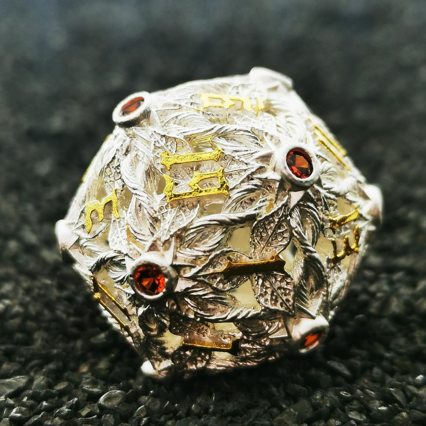 MJDICEOK Hollow Magic Vine Leaf DND Dice Set Metal Dice Set 7 Role Playing Dice D&D Dungeons and Dragons Dice (White + Red Gem)