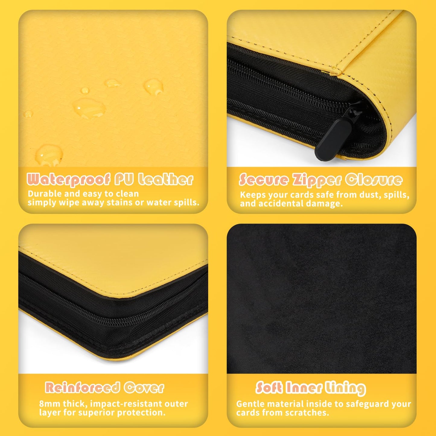 enhanced 1000+ Pockets Trading Card Binder 16-Pocket Ringless Side-Loading Album for TCG MTG Lorcana Sports & Standard-Size Cards (Yellow)