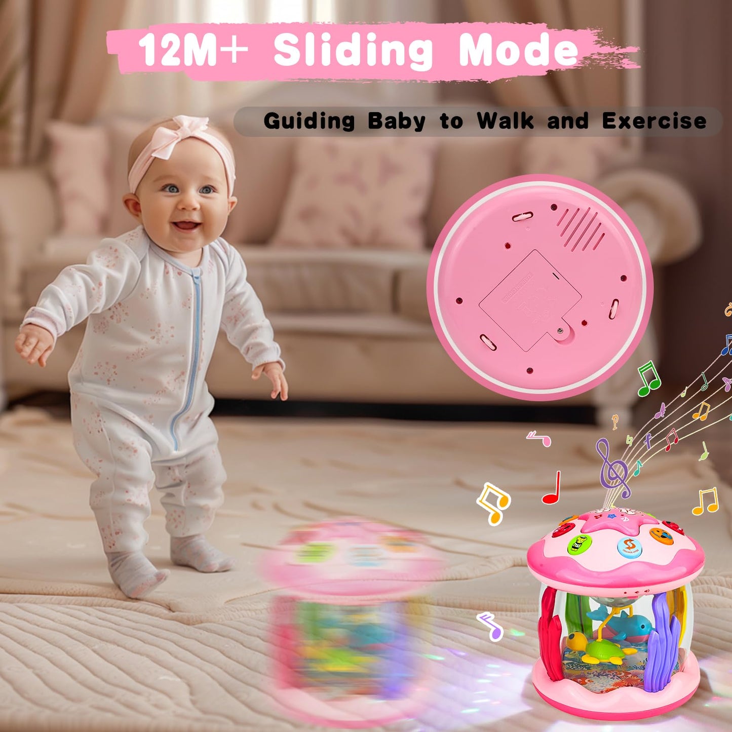 Hapyland Baby Toys 6-12 Months Girl Gifts: Babies Ocean Rotating Light Up Musical Toys For Toddlers 1 2 Year Old Crawling Learning Infant Toys 6 7 8 9 10 11 12 Months Old Baby Girl Gift (Pink)