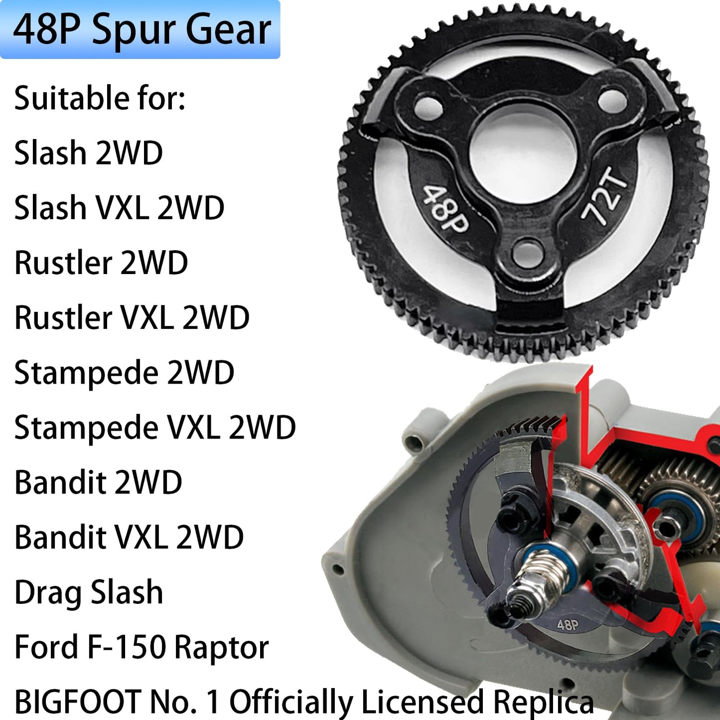 Rc 48P 72T Spur Gear Hardened Steel Spur Gear Upgrades Part For Traxxas 1/10 Slash Stampede Rustler Bandit 2Wd Vxl Xl-5 F-150 Sv