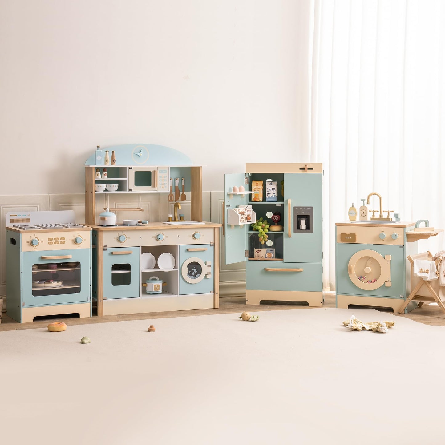 ROBOTIME Wooden Toddler & Kids Kitchen Playset, Wooden Kitchen Toy Playset with Oven, Fridge and Washing Machine, Wooden Kitchen