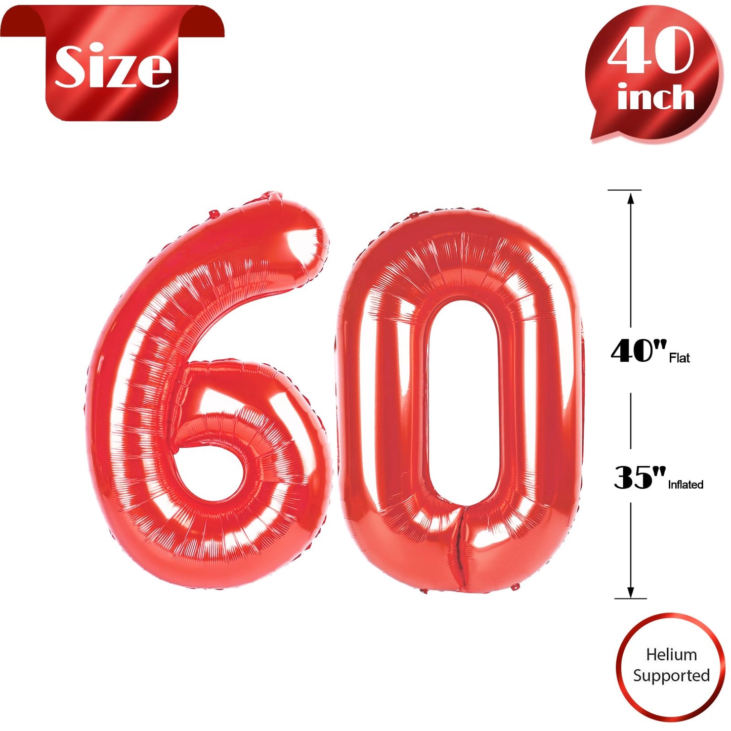 60 Balloon Number, Red Number 60Th Birthday Balloons 40 Inch, 60 Years Old Red Birthday Decorations For Men Women, 60Th Annivers
