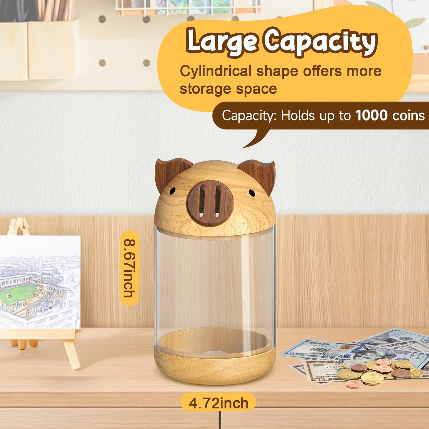 Hizgo Wooden Piggy Bank For Kids Adults, Clear Savings Jar For Boys And Girls, Unbreakable Money Coin Bank For Kids Birthday