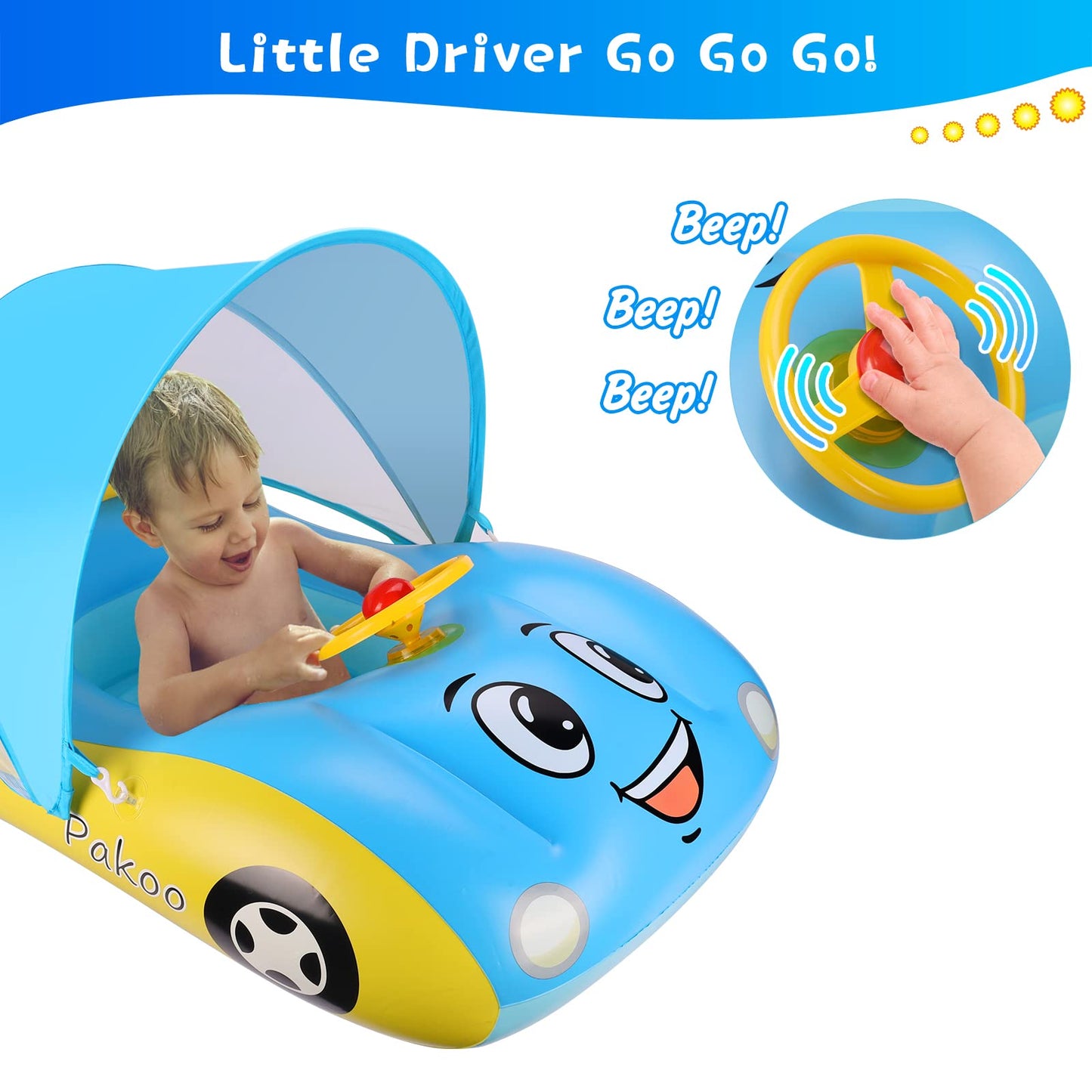 Baby Pool Float With Upf50+ Adjustable Canopy, Inflatable Baby Car Pool Float Boat Baby Swim Float Toddler Pool Float Kids Baby Float Toddler Floaties Infant Pool Float Toys For Baby 18-36 Months