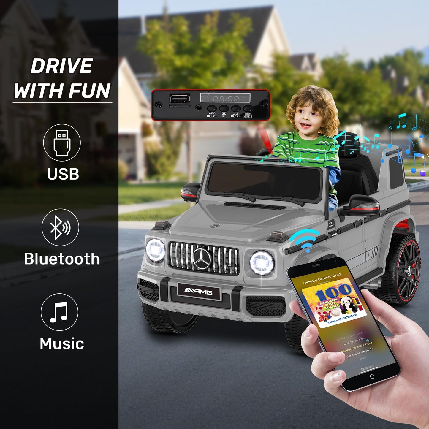Anpabo Licensed Mercedes-Benz G63 Car For Kids, 12V Ride On Car W/Parent Remote Control, Low Battery Voice Prompt, Led Headlight, Music Player & Horn, Soft Start, Kids Electric Vehicle, Grey