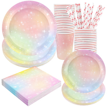 Pastel Birthday Party Supplies Decorations, Rainbow Theme Birthday Paper Plates And Napkins Set With Cups And Straws For 24 Gues