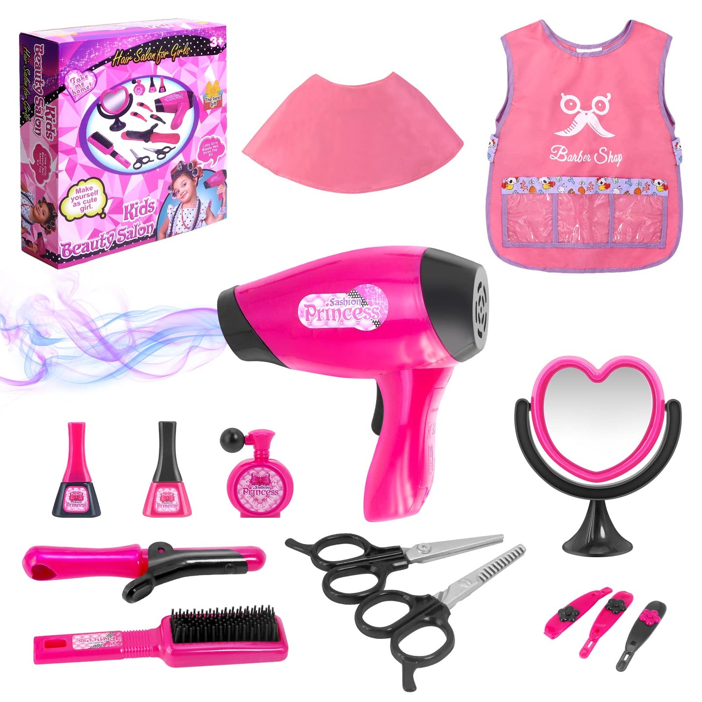 Girls Beauty Salon Set Pretend Play Hair Stylist Toy Kit With Barber Apron, Hair Dryer, Curling Iron, Mirror, Scissors And Styli