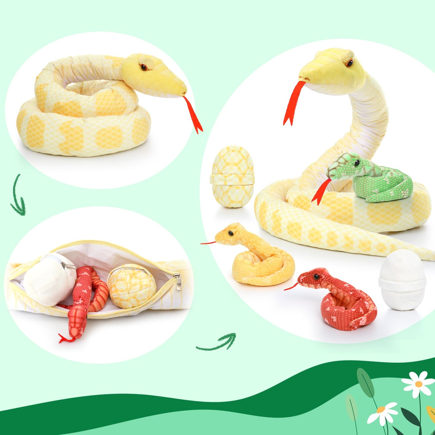 Morismos Giant Snake Stuffed Animal Mommy With Babies, Realistic Stuffed Snakes Plush Toy, 80' Long Yellow Boa Constrictor For Kids, Girls, Boys, 3 Snake Babies, 2 Snake Eggs