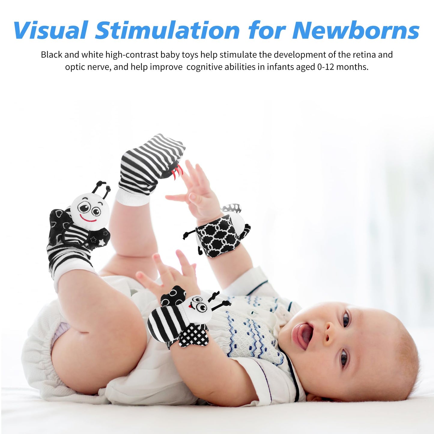 Zendstanding Baby Toys 0-6 Months, 4Pcs Foot Finders & Wrist Rattles For Infants Toys Black And White Sensory Toys Baby Essentia