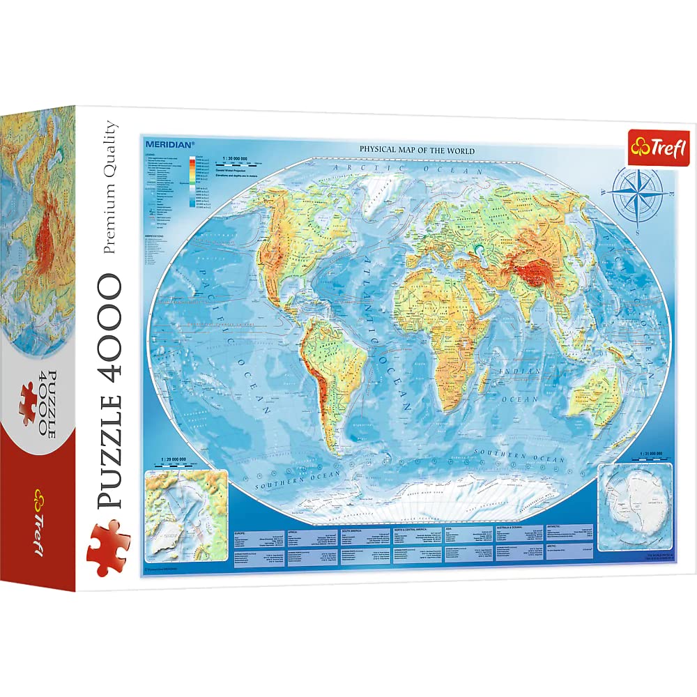 Trefl Large Physical Map Of The World 4000 Piece Jigsaw Puzzle Red 54'X38' Print, Diy Puzzle, Creative Fun, Classic Puzzle For Adults And Children From 15 Years Old
