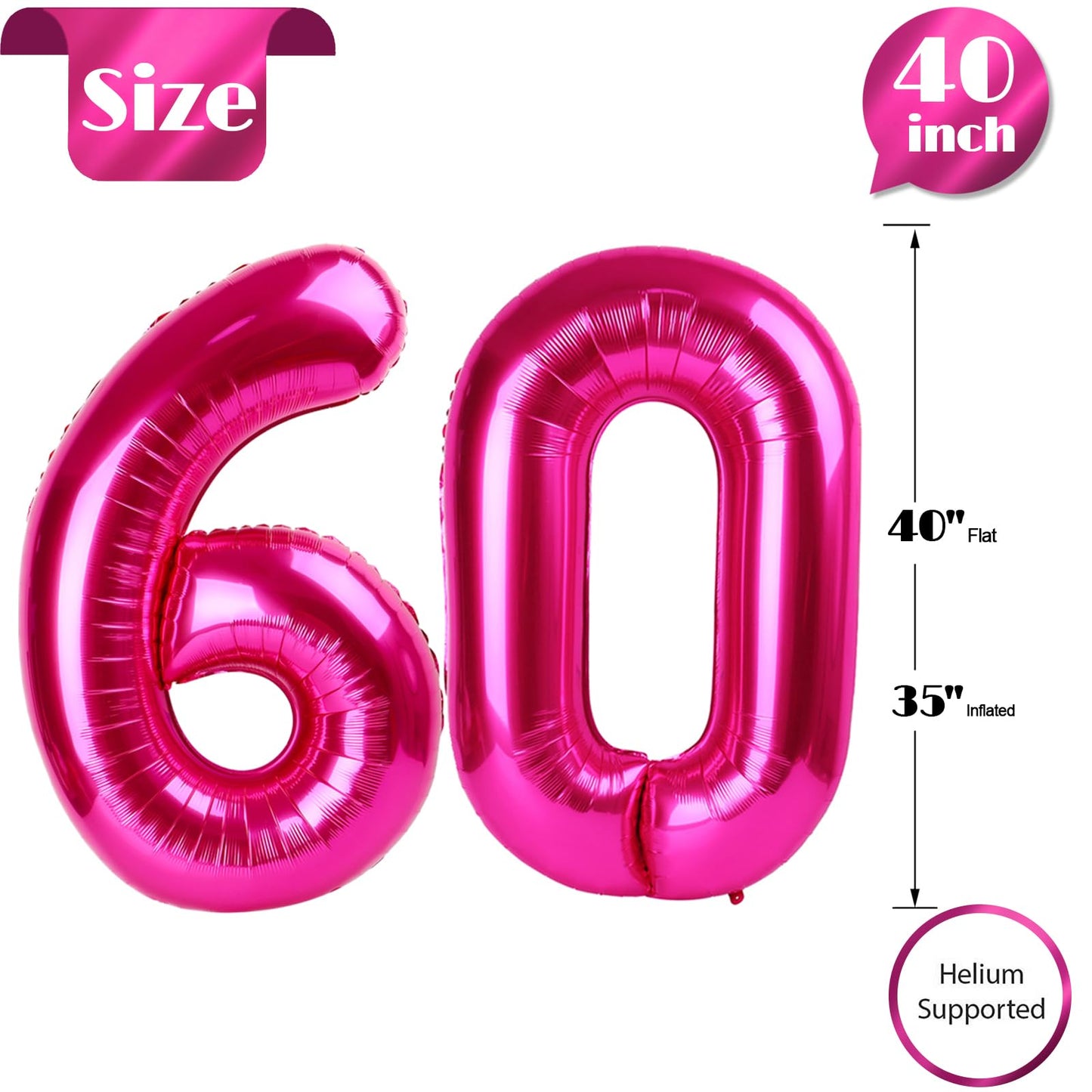 60 Balloon Number, Hot Pink Number 60Th Birthday Balloons 40 Inch, 60 Years Old Hot Pink Birthday Decorations For Men Women, 60T