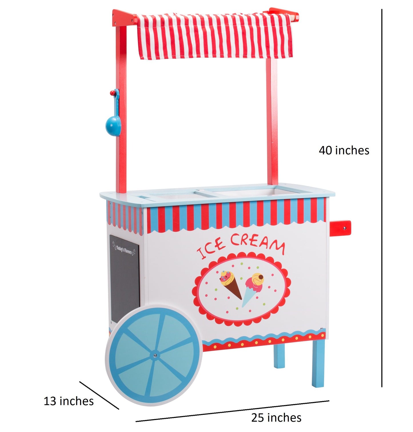 Ice Cream Cart Kids Pretend Play Stand- 33+ Pc Accessories, Realistic Premium Wooden Toy Set, Money Box, Chalkboard & Icecream T