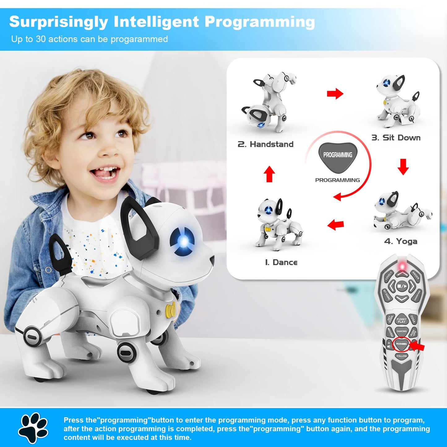 SUPIREO Remote Control Robot Dog Toy, Programmable Smart Interactive Robotic Pets, RC Stunt Robot Toys Dog Imitates Animals Musi