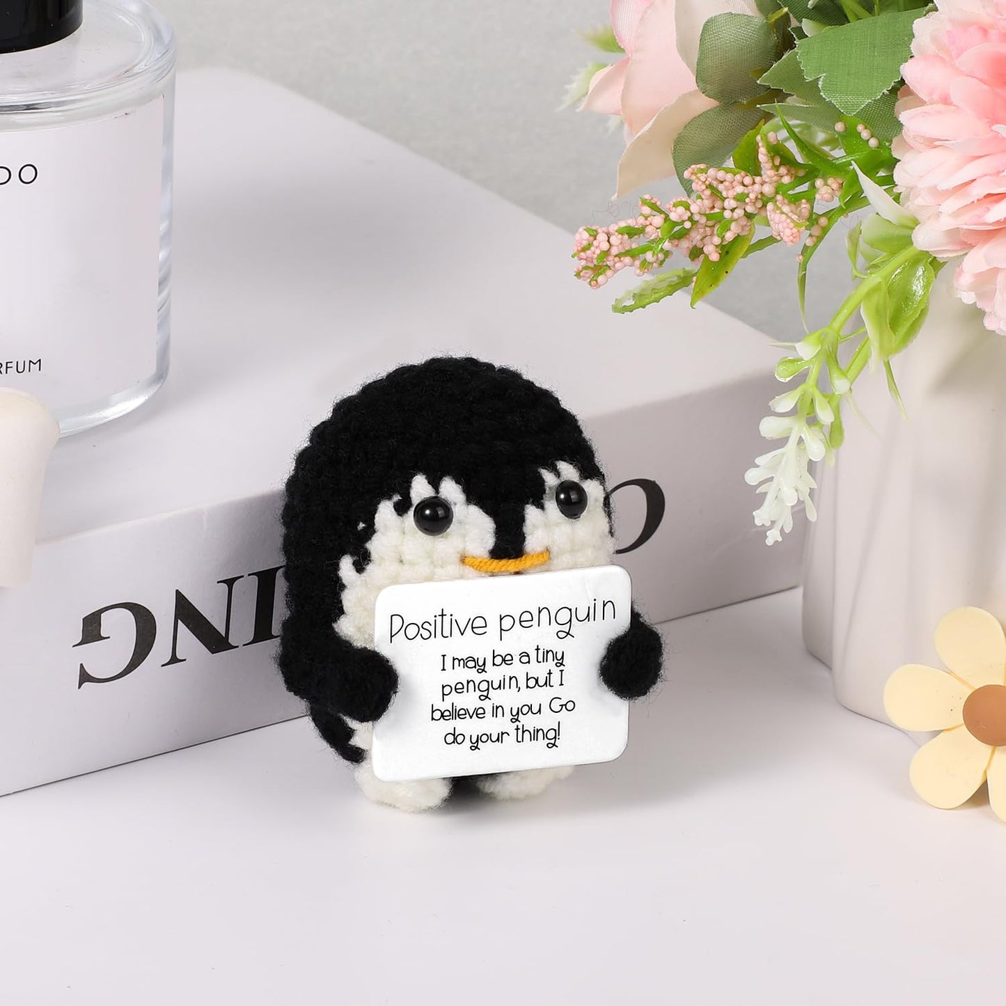 Boxob Mini Funny Positive Penguin, 2.6 Inch Cute Knitted Penguin Toy With Positive Card Positive Penguin Crochet Doll Cheering Gift For Family Friends Encouragement Party Decoration(Black)