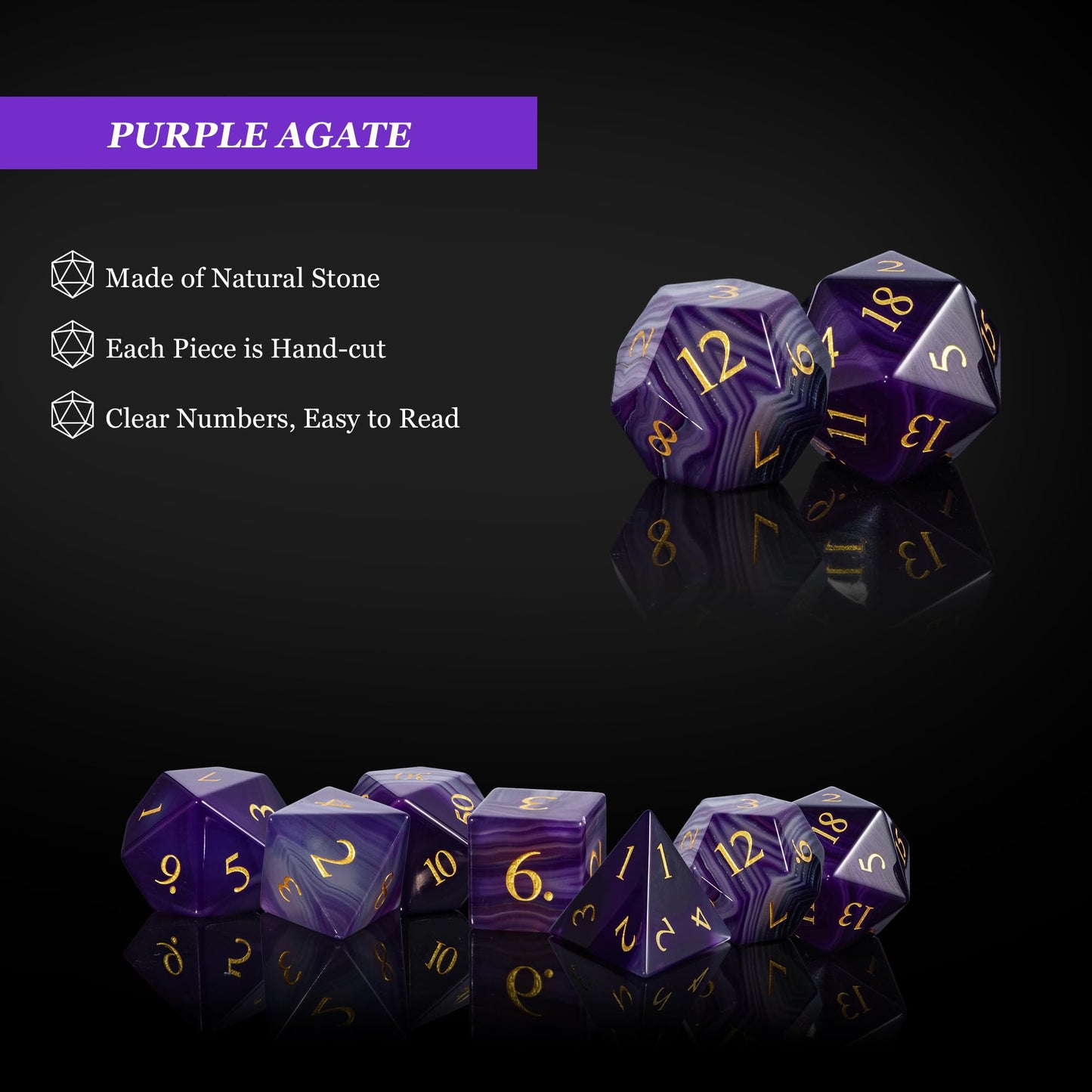 UDIXI Gemstone DND Dice Set, 7PCS Purple Agate Stone D&D Dice Polyhedral Dice for Dungeons and Dragons Role Playing and Other Ta
