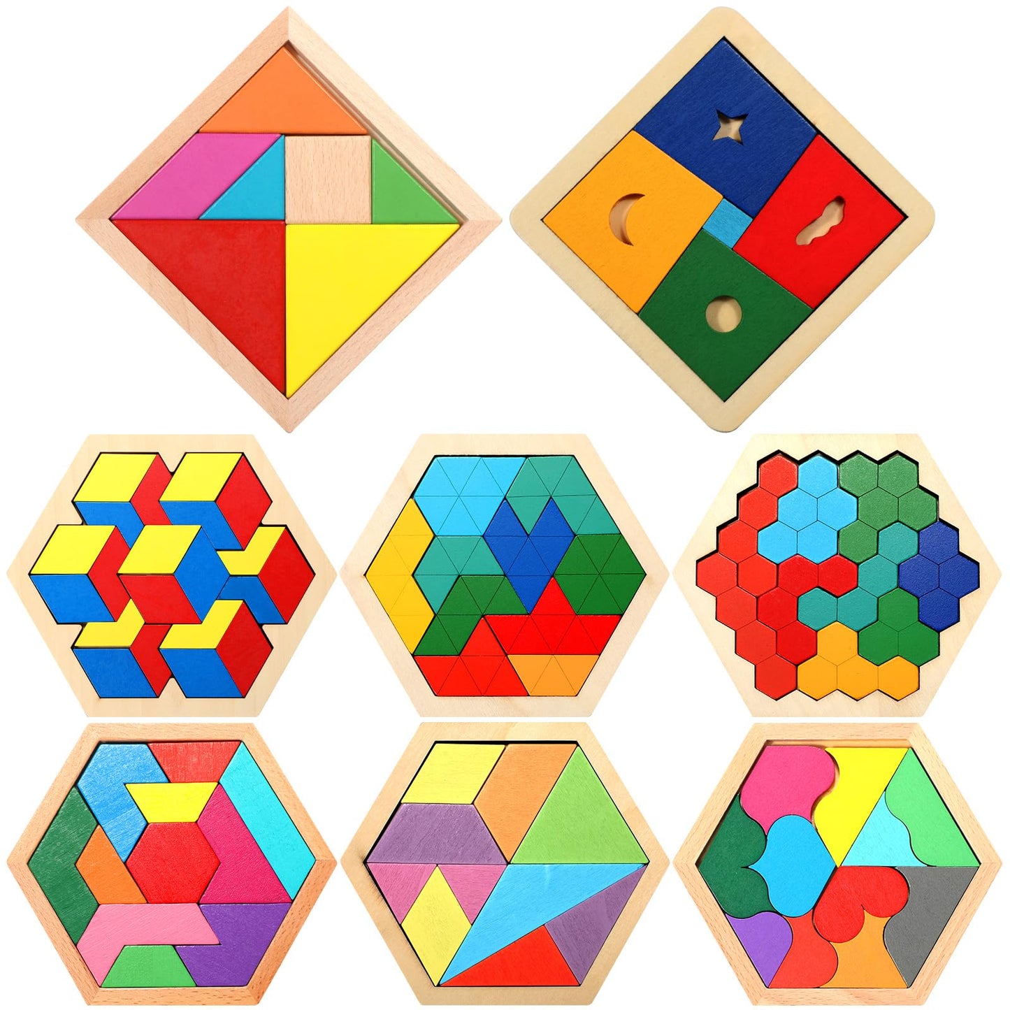 Jerify 8 Pack Wooden Hexagon Puzzles Children Educational Puzzle Blocks Shape Pattern Block Geometric Tangram Jigsaw For Kids Ad