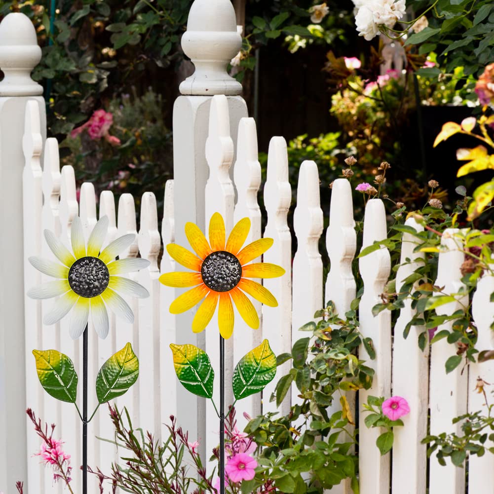 Venniy Metal 2Pack Garden Wind Spinners, Rust Resistant, Floral Design, Yellow And White, 9 X 29 Inches