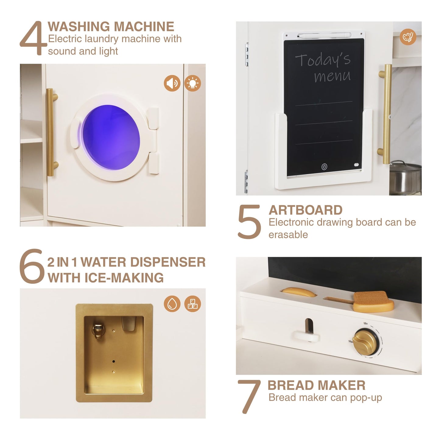 Large Wooden Corner Play Kitchen Sets With Ice Maker,Water Dispenser,Bread Maker,Washing Machine,Electronic Display,Toy Sink Wit