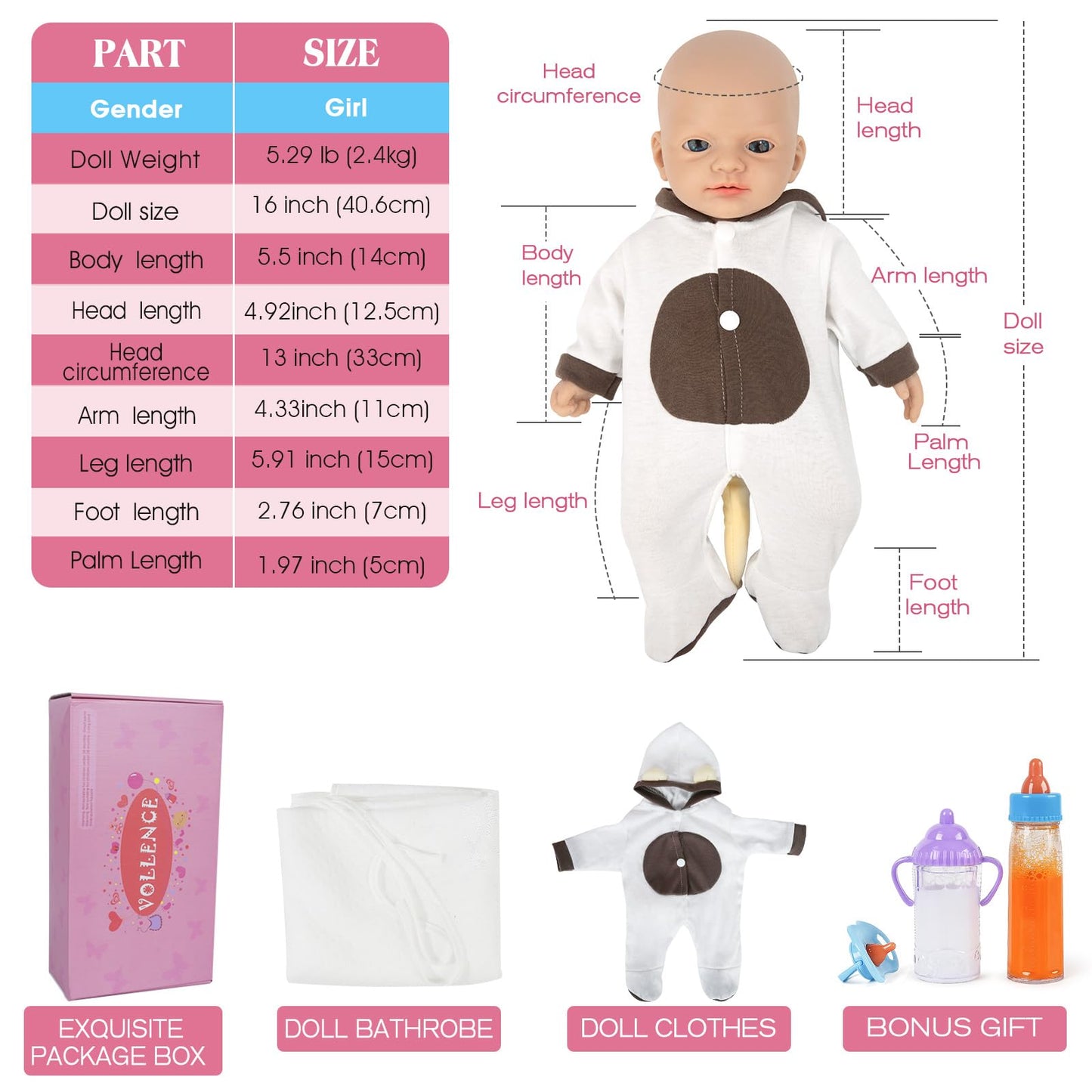 Vollence 16 Inch Lifelike Full Body Silicone Baby Doll Girl Mouth Open Anatomically Correct Newborn Baby Doll With Feeding Kit & Gift Box - Girl
