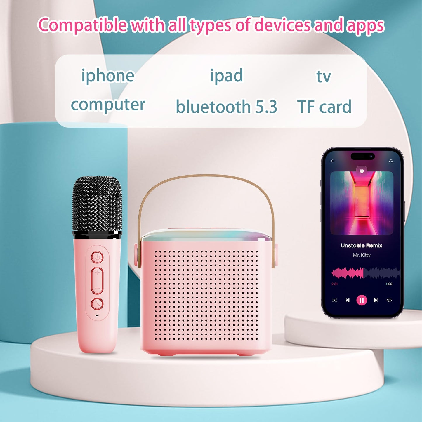 Mini Karaoke Machine For Kids,Portable Bluetooth Speaker With Wireless Microphone For Kids Toddler,Gifts For Girls And Boys Birthday (Pink 2 Mic) (Pink 1 Mic)