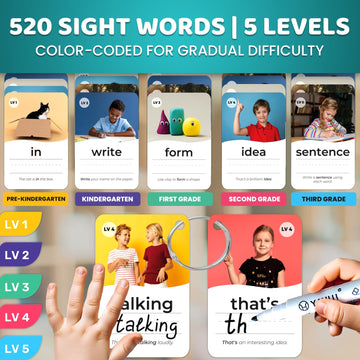 Quokka 520 Sight Words Flash Cards For Kids Adults - From Pre-K To 3Rd Grade - 5 Levels & Bold Font & Jumbo Size & Dry Erase Car