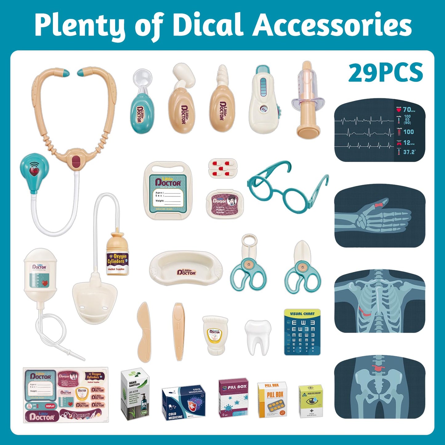 29 Pcs Doctor Kit for Toddlers 3-5 Pretend Play Toys Dentist Set Vet Medical Mobile Cart with Sound & Light Xray Stethoscope Tod