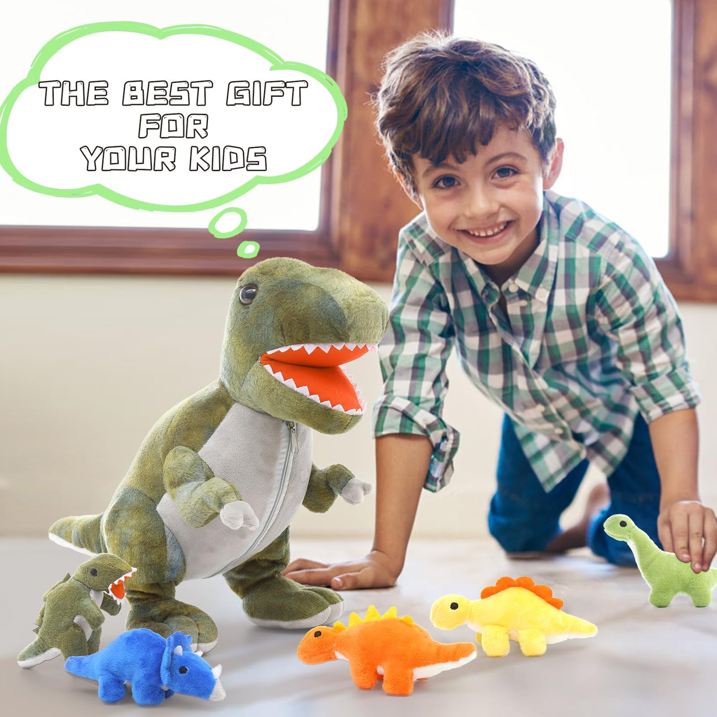 Muiteiur Dinosaur Stuffed Animals Soft Plush 19.6 Inch Dinosaur Stuffed With 5 Cute Babies T-Rex Zippered Belly Dinosaur Gift Set For Kids Girl Boy