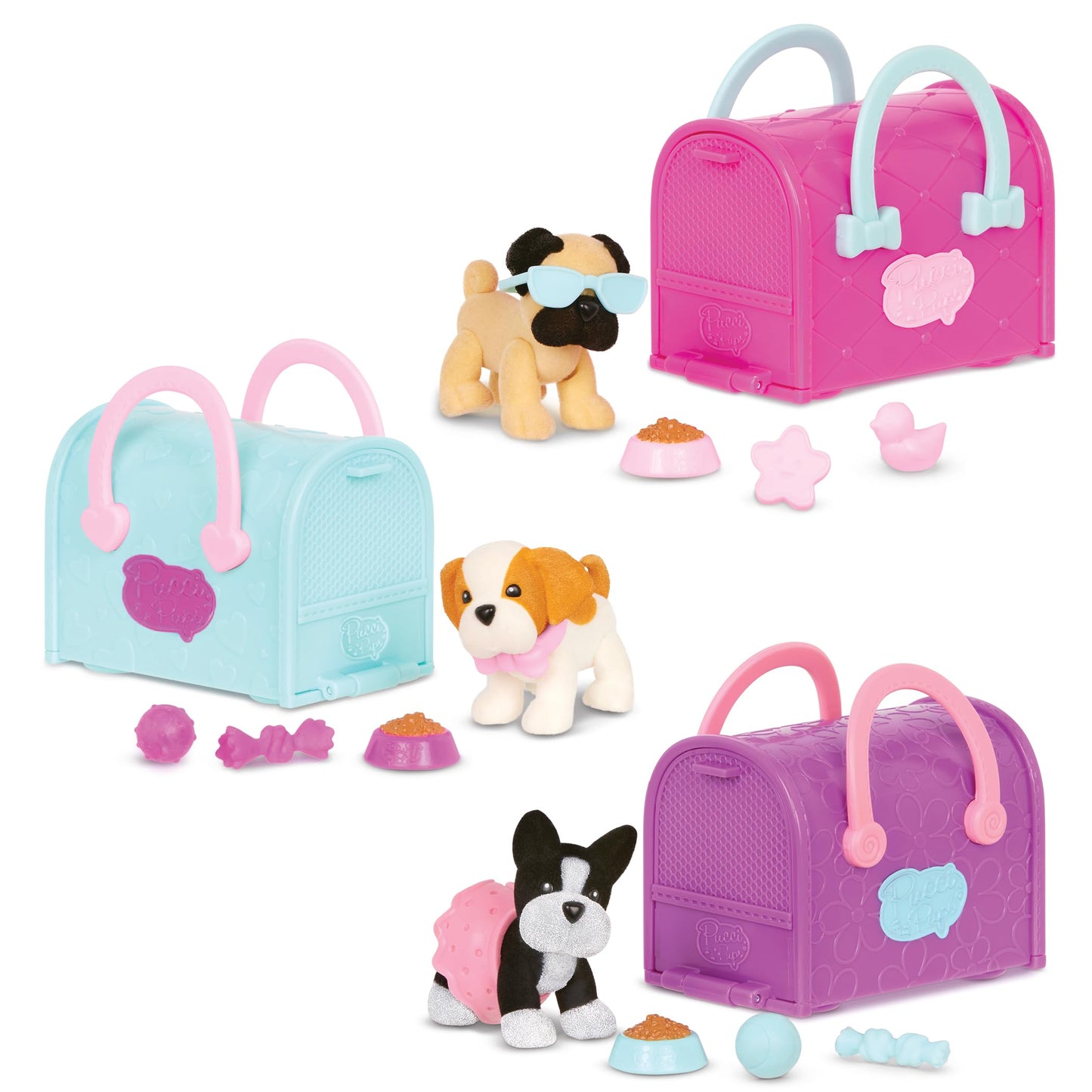 Pucci Pups - Collectible Puppy Set – Boston Terrier, Pug, Shih Tzu – Carrier Purse – Dog Accessories Included – Toys For Kids 3+