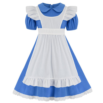 Hmprt Halloween Costume For Girls, Bule Peter Pan Callar Princess Dress, White Apron And Black Headband - 8
