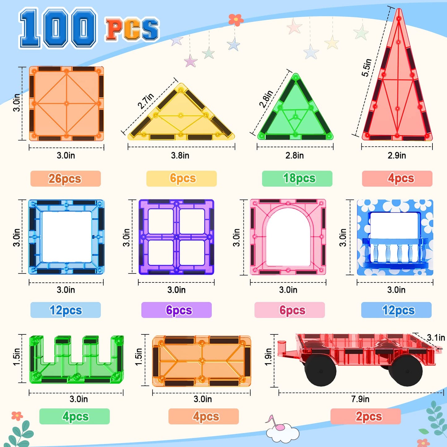 100Pcs Magnetic Tiles Stem Building Toys Set With 2 Cars, Sensory Stacking Magnetic Blocks For Toddlers & Kids, Ideal For Preschool Montessori Toys Christmas Birthday Gifts For Boys & Girls Ages 3+