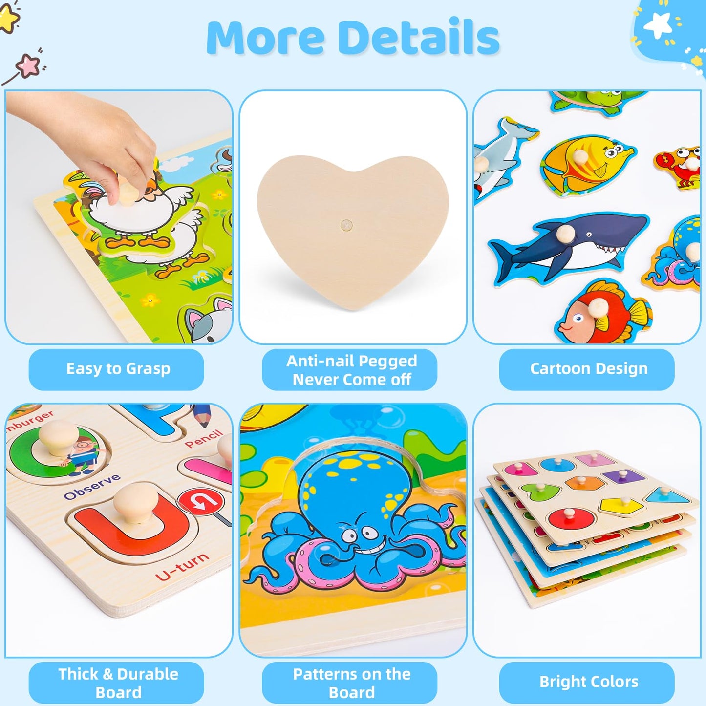 Wooden Peg Puzzles For Toddlers 2 3 4 Year Old, 4 Pack Montessori Toys Preschool Learning Puzzles For Toddlers 1-3 With Animals,