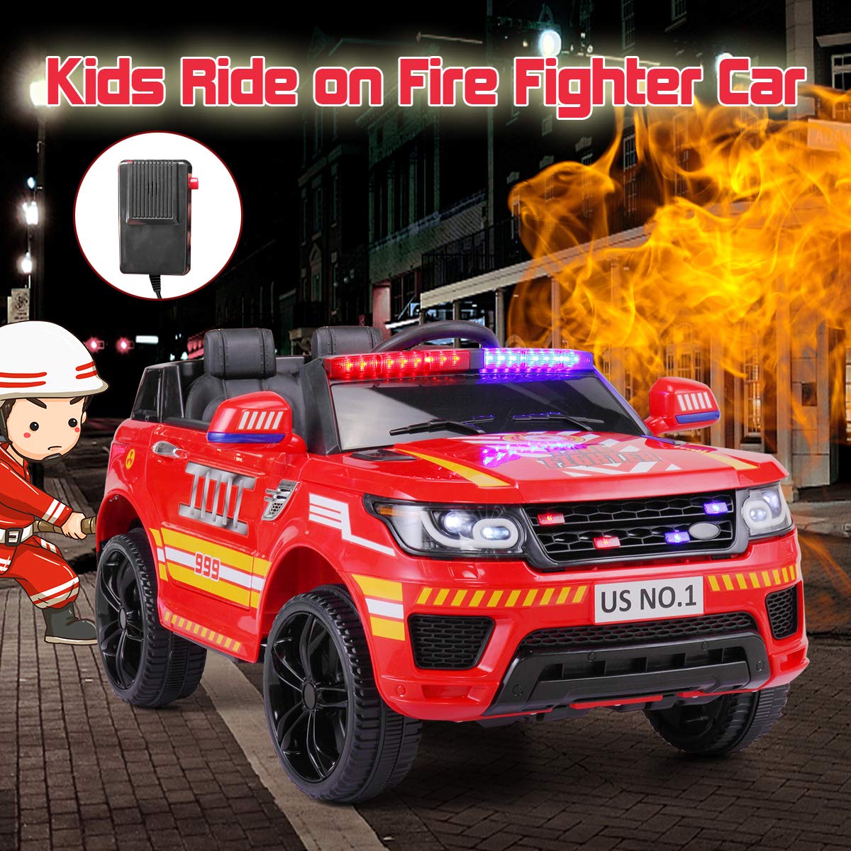 Fire Truck Ride On Toys Tobbi 12V Fire Engine Giant Firetrucks Firefighter Fireman Ride On Car With Remote Control, Siren-Call, Walkie-Talkies, Bluetooth For Toddlers, Red