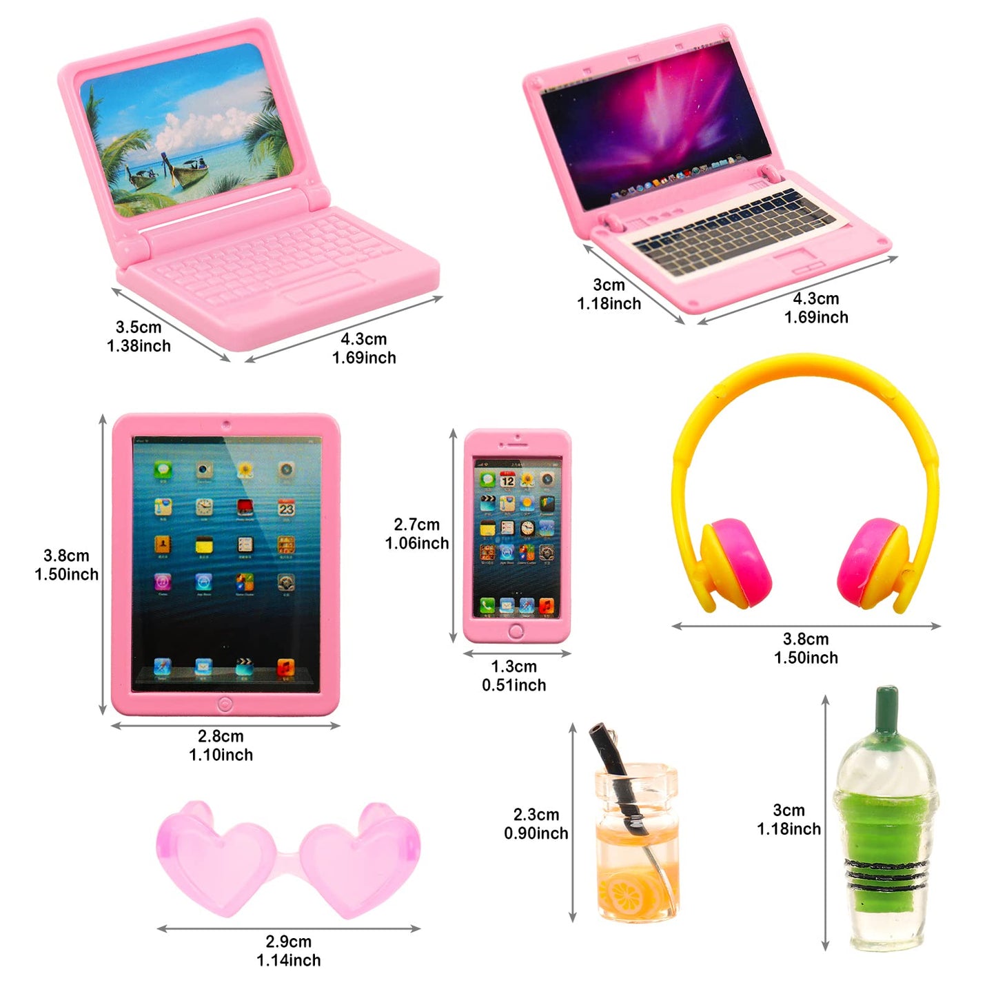 Enocht 9 Pack Small Size Laptop Computer Tablet Phone Pad Glasses And Headset Doll Playset Simulation Accessories For 11.5 Inch Doll (Pink)