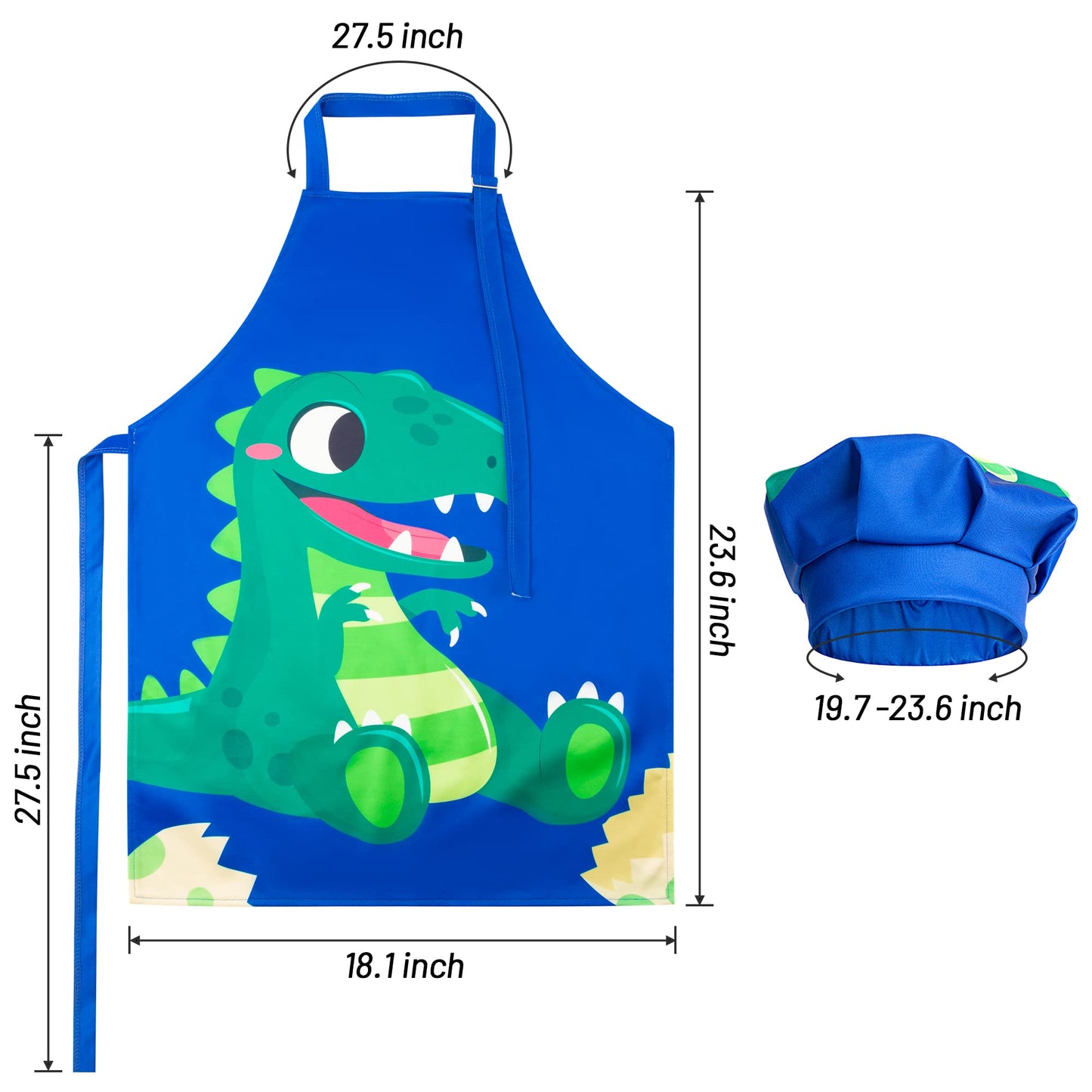 R HORSE Kids Aprons Chef Hat Sets Blue Cute Dinosaur Cooking Aprons Toddler Chef Hat Waterproof Art Painting Apron Boys Kitchen