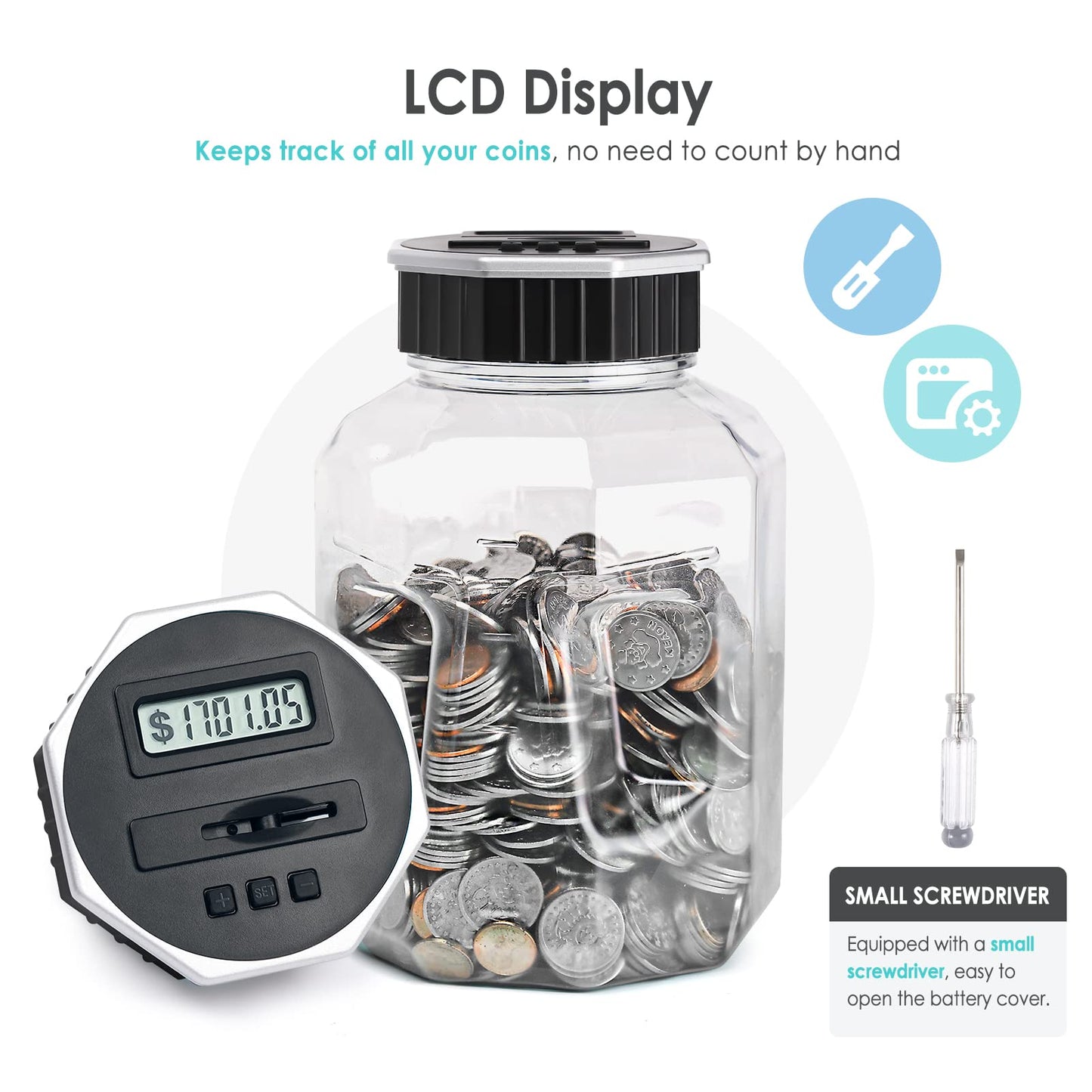 X-Large Piggy Bank For Adults Kids, Vcertcpl Digital Coin Counting Bank With Lcd Counter, 2.4L Capacity, Great Coin Counter Bank Money Counting Jar With Total Amount Displayed (Silver, X-Large)